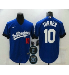 Men Los Angeles Dodgers 10 Justin Turner Blue 2 20 Patch City Connect Number Cool Base Stitched Jersey