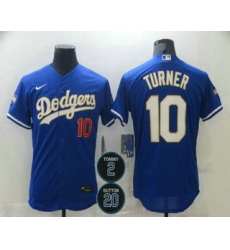 Men Los Angeles Dodgers 10 Justin Turner Blue Gold 2 20 Patch Stitched MLB Flex Base Nike Jersey