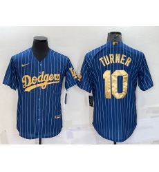 Men Los Angeles Dodgers 10 Justin Turner Navy Gold Cool Base Stitched Baseball Jersey