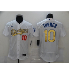 Men Los Angeles Dodgers 10 Justin Turner White Gold 2020 Nike Flexbase Jersey