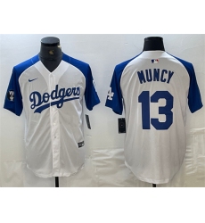Men Los Angeles Dodgers 13 Max Muncy White Blue Vin Patch Cool Base Stitched Baseball Jersey