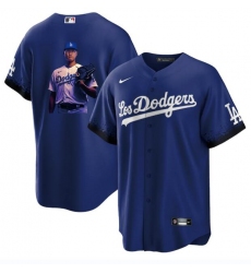 Men Los Angeles Dodgers 17 Shohei Ohtani Blue Big Logo City Connect Cool Base Stitched Jersey 3