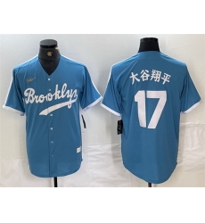 Men Los Angeles Dodgers 17  Shohei Ohtani Light Blue Throwback Cool Base Stitched Baseball Jersey