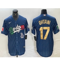 Men Los Angeles Dodgers 17 Shohei Ohtani Mexico Blue Gold Pinstripe Cool Base Stitched Jerseys