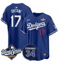 Men Los Angeles Dodgers 17 Shohei Ohtani Royal 2025 World Series With No 34 Patch Limited Stitched Baseball Jersey