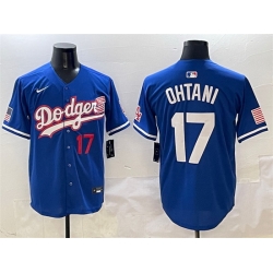 Men Los Angeles Dodgers 17 Shohei Ohtani Royal With American Flag Patch Limited Stitched Baseball Jersey