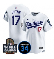 Men Los Angeles Dodgers 17 Shohei Ohtani White 2024 World Series With Fernando Memorial Patch Limited Stitched Baseball Jersey