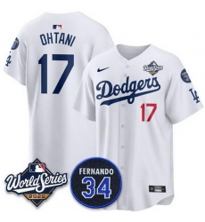 Men Los Angeles Dodgers 17 Shohei Ohtani White 2025 World Series With No 34 Patch Home Limited Stitched Baseball Jersey