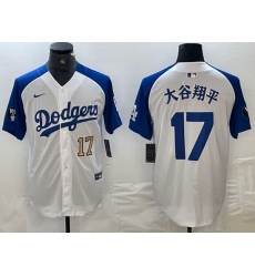 Men Los Angeles Dodgers 17 Shohei Ohtani White Blue Vin Patch Cool Base Stitched Baseball Jersey 4