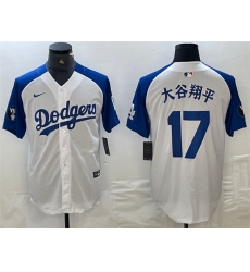 Men Los Angeles Dodgers 17  Shohei Ohtani White Blue Vin Patch Cool Base Stitched Baseball Jersey