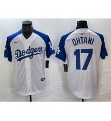 Men Los Angeles Dodgers 17 Shohei Ohtani White Blue Vin Patch Cool Base Stitched Baseball Jersey
