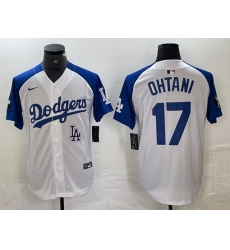 Men Los Angeles Dodgers 17 Shohei Ohtani White Blue Vin Patch Cool Base Stitched Baseball Jersey 9