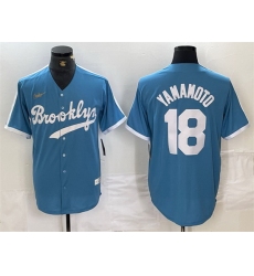 Men Los Angeles Dodgers 18 Yoshinobu Yamamoto Light Blue Throwback Cool Base Stitched Baseball Jersey