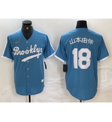 Men Los Angeles Dodgers 18  Yoshinobu Yamamoto Light Blue Throwback Cool Base Stitched Baseball Jersey