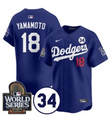 Men Los Angeles Dodgers 18 Yoshinobu Yamamoto Royal 2024 World Series With No  34 Patch Limited Stitched Baseball Jersey