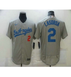 Men Los Angeles Dodgers 2 Tommy Lasorda Grey Stitched MLB Flex Base Nike Jersey