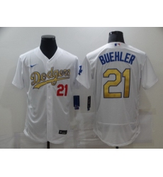 Men Los Angeles Dodgers 21 Walker Buehler 2020 White Gold Sttiched Nike MLB Jersey