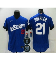 Men Los Angeles Dodgers 21 Walker Buehler Blue 2 20 Patch City Connect Flex Base Stitched Jersey