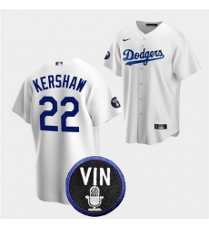 Men Los Angeles Dodgers 22 Clayton Kershaw 2022 White Vin Scully Patch Cool Base Stitched Baseball Jersey
