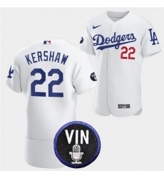 Men Los Angeles Dodgers 22 Clayton Kershaw 2022 White Vin Scully Patch Flex Base Stitched Baseball Jersey