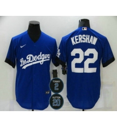 Men Los Angeles Dodgers 22 Clayton Kershaw Blue 2 20 Patch City Connect Cool Base Stitched Jersey
