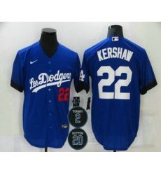 Men Los Angeles Dodgers 22 Clayton Kershaw Blue 2 20 Patch City Connect Number Cool Base Stitched Jersey