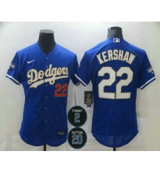 Men Los Angeles Dodgers 22 Clayton Kershaw Blue Gold 2 20 Patch Stitched MLB Flex Base Nike Jersey
