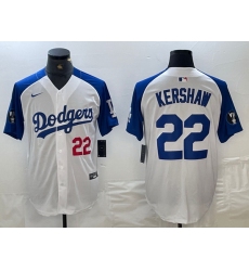 Men Los Angeles Dodgers 22 Clayton Kershaw White Blue Vin Patch Cool Base Stitched Baseball Jersey