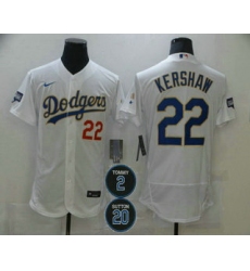 Men Los Angeles Dodgers 22 Clayton Kershaw White Gold 2 20 Patch Stitched MLB Flex Base Nike Jersey
