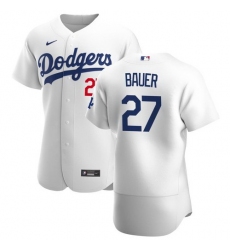 Men Los Angeles Dodgers 27 Trevor Bauer White Home Flex Base Jersey Stitched 2021 MLB Jersey