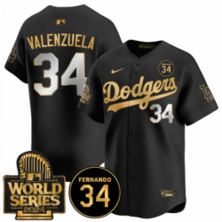 Men Los Angeles Dodgers 34 Fernando Valenzuela Black Gold 2024 World Series With Fernando Patch Vapor Limited Stitched Baseball Jersey
