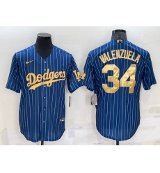 Men Los Angeles Dodgers 34 Fernando Valenzuela Navy Gold Cool Base Stitched Baseball Jersey