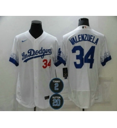 Men Los Angeles Dodgers 34 Fernando Valenzuela White 2 20 Patch City Connect Flex Base Stitched Jersey