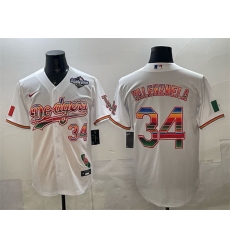 Men Los Angeles Dodgers 34 Fernando Valenzuela White Mexico California Patch 2025 World Series Patch Stitched Baseball Jersey