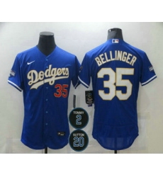Men Los Angeles Dodgers 35 Cody Bellinger Blue Gold 2 20 Patch Stitched MLB Flex Base Nike Jersey