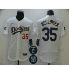 Men Los Angeles Dodgers 35 Cody Bellinger White Gold 2 20 Patch Stitched MLB Flex Base Nike Jersey