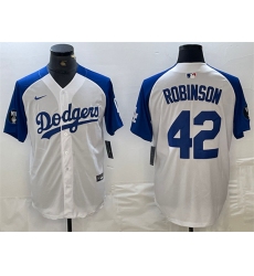 Men Los Angeles Dodgers 42 Jackie Robinson White Blue Vin Patch Cool Base Stitched Baseball Jersey