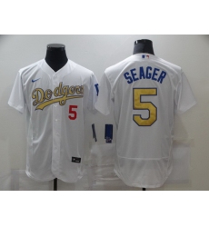 Men Los Angeles Dodgers 5 Corey Seager 2020 White Gold Sttiched Nike MLB Jersey
