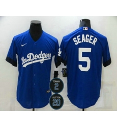 Men Los Angeles Dodgers 5 Corey Seager Blue 2 20 Patch City Connect Cool Base Stitched Jersey