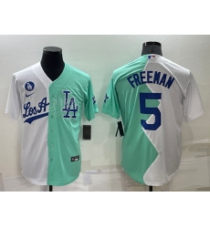 Men Los Angeles Dodgers 5 Freddie Freeman 2022 All Star White Green Cool Base Baseball Jersey