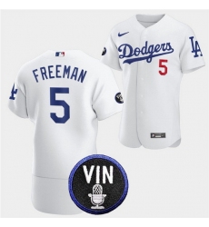 Men Los Angeles Dodgers 5 Freddie Freeman 2022 White Vin Scully Patch Flex Base Stitched Baseball Jersey