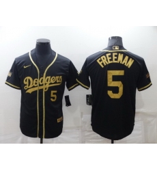 Men Los Angeles Dodgers 5 Freddie Freeman Black Gold Cool Base Stitched Baseball jersey