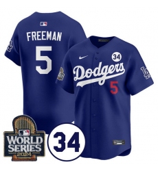 Men Los Angeles Dodgers 5 Freddie Freeman Royal 2024 World Series With No  34 Patch Limited Stitched Baseball Jersey