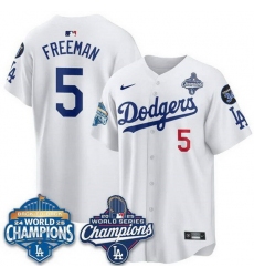 Men Los Angeles Dodgers 5 Freddie Freeman White 2025 World Series Champions  26 Back to Back Champions With No 34 Patch Limited Stitched Baseball Jersey
