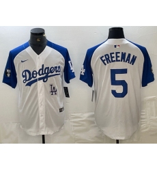 Men Los Angeles Dodgers 5 Freddie Freeman White Blue Vin Patch Cool Base Stitched Baseball Jersey 10