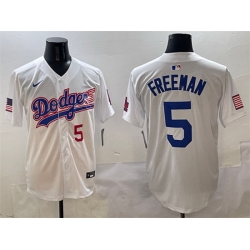 Men Los Angeles Dodgers 5 Freddie Freeman White With American Flag Patch Limited Stitched Baseball Jersey