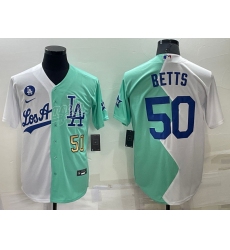 Men Los Angeles Dodgers 50 Mookie Betts 2022 All Star White  Green Cool Base Stitched Baseball Jersey