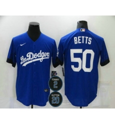 Men Los Angeles Dodgers 50 Mookie Betts Blue 2 20 Patch City Connect Cool Base Stitched Jersey
