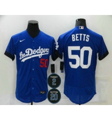 Men Los Angeles Dodgers 50 Mookie Betts Blue 2 20 Patch City Connect Flex Base Stitched Jersey