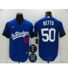 Men Los Angeles Dodgers 50 Mookie Betts Blue 2 20 Patch City Connect Number Cool Base Stitched Jersey